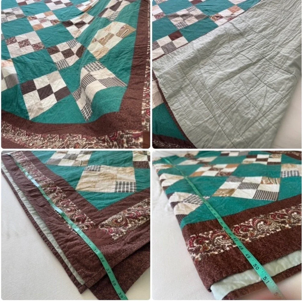 Handmade Patchwork Quilt Teal Brown Paisley Reversible Queen King 78x102